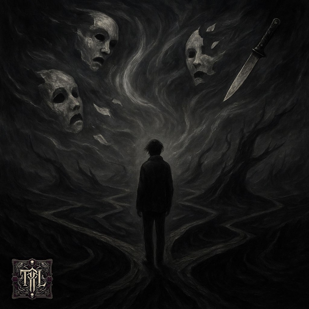 A surreal gothic artwork of a lone figure standing at a dark crossroads where fractured paths splinter into shadow. Swirling winds carry fragments of broken masks and a gleaming knife around them beneath a stormy sky, evoking betrayal, underestimation, and foreboding.