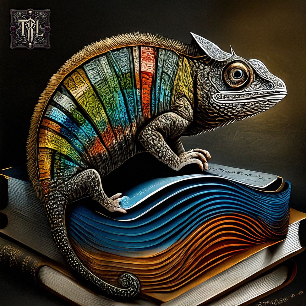 A surreal chameleon with textured, rainbow-hued scales stands on top of a stack of books. One book beneath its feet ripples like waves, with blue and orange pages flowing outward. The creature’s body patterns resemble engraved glyphs, blending natural detail with symbolic, abstract design.