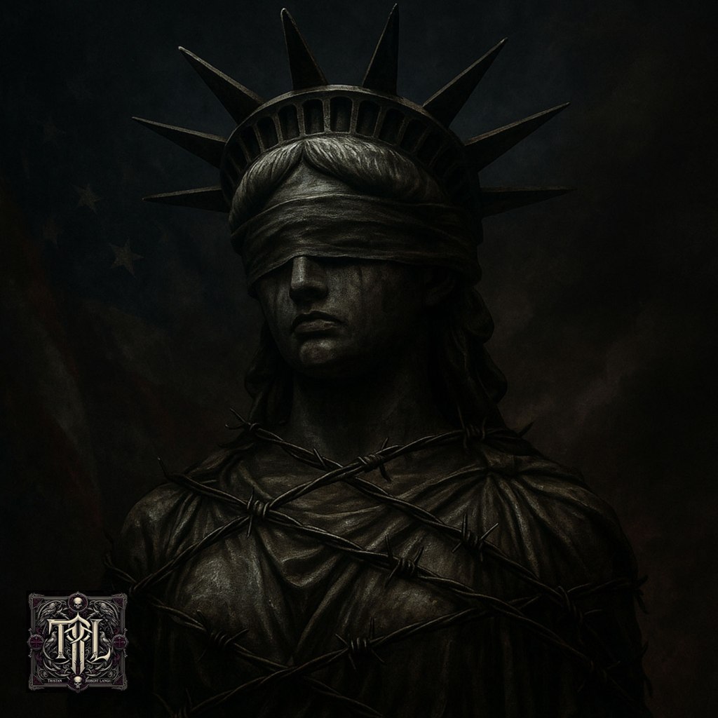 A dark, moody digital painting of the Statue of Liberty, blindfolded and bound in barbed wire. The statue’s weathered features are illuminated against a stormy backdrop, evoking themes of oppression, silence, and corrupted freedom.
