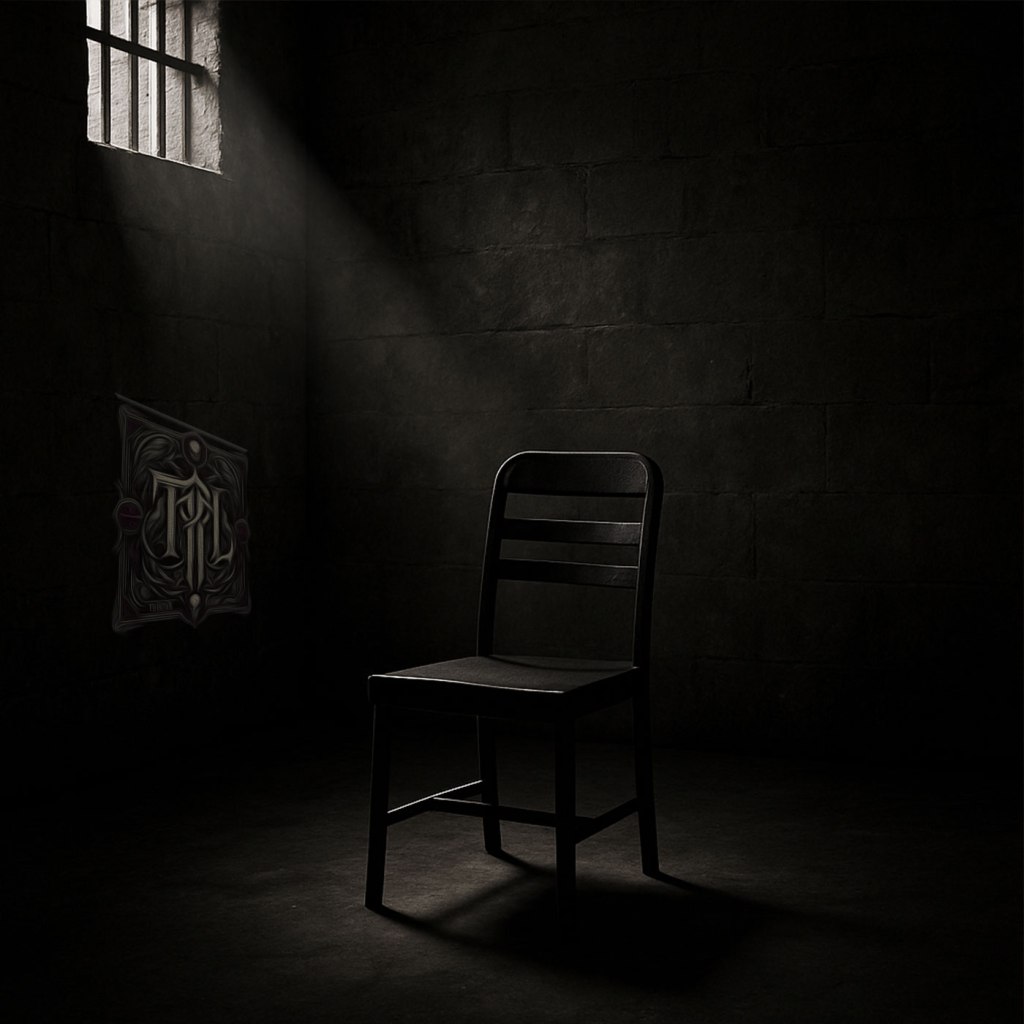 A dark stone prison cell lit by a thin beam of light from a barred window. A single empty chair sits beneath the light, casting sharp shadows. On the back wall, Tristan Robert Lange’s gothic TRL monogram emblem is faintly visible, symbolizing authorship within the stark isolation.