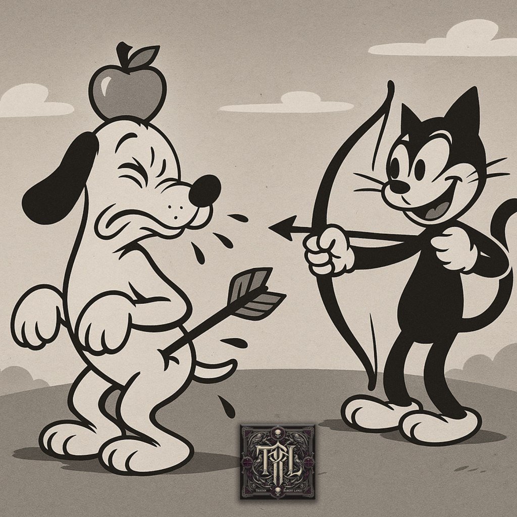 Vintage 1930s cartoon illustration of a dog with an apple on its head grimacing as an arrow lands in its butt. A sly cartoon cat archer grins while holding a bow. Playful slapstick misfire, black-and-white cel style.