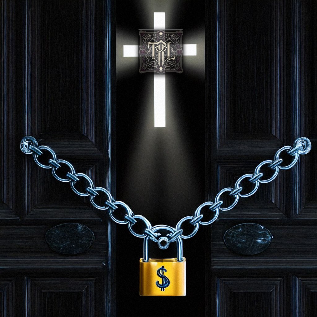 A digital illustration of large double doors bound shut with a heavy chain and a gold padlock marked with a dollar sign. Above the doors, light forms a glowing cross that shines against the dark wood, with the poet’s emblem inset at the center. The image evokes themes of faith restricted, commercialization, and the gatekeeping of sacred spaces.