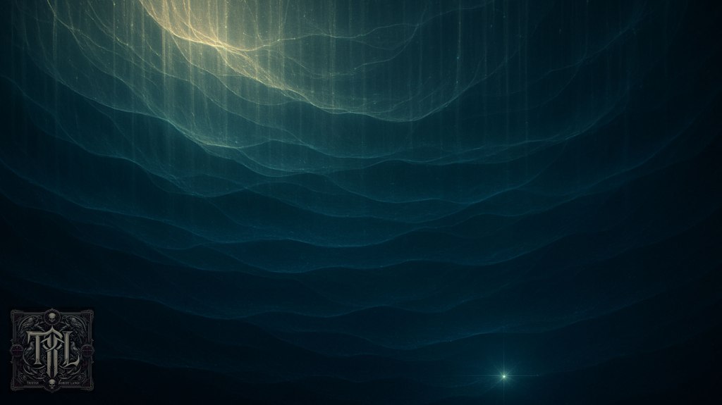 Abstract digital art in 16:9 showing cascading layers of glowing blue and golden light, resembling waterfalls or waves. At the bottom, a single radiant spark glows, symbolizing revelation. A dark monogram emblem with Tristan Robert Lange’s initials appears in the lower left corner.