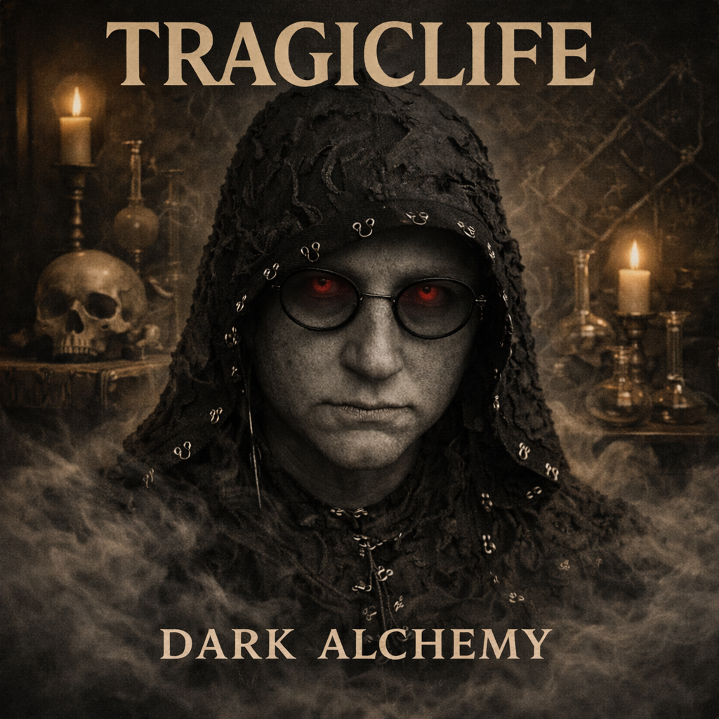 Square album cover for Dark Alchemy by TragicLife. A hooded, desaturated figure resembling the artist faces forward amid swirling smoke inside an alchemist’s lair. The figure wears round glasses, with faint red eyes as the only color accent. Candles, glass vessels, and a skull sit blurred in the background. The mood is ritualistic, restrained, and symbolic of inner transformation.