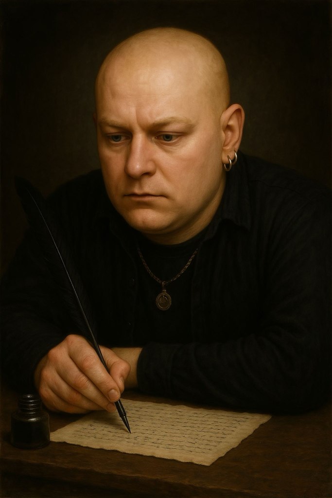Tristan Robert Lange wearing a pendant sits at a wooden desk, writing with a quill on parchment beside an ink bottle. The portrait is rendered in a classical oil painting style, evoking a Gothic and contemplative atmosphere.