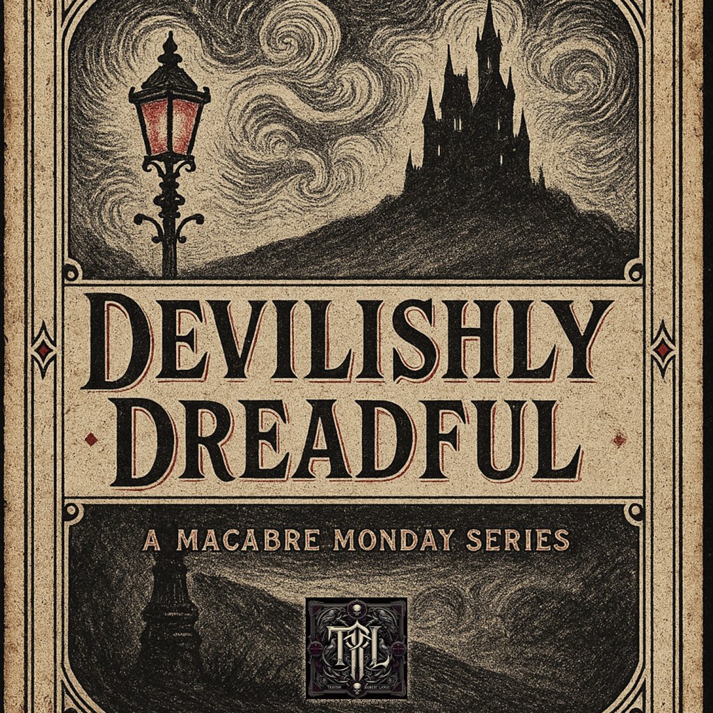 An ornate vintage book cover design featuring a shadowy castle on a hill beneath swirling night skies. A single red gas lamp glows in the foreground, casting eerie light. The text reads “Devilishly Dreadful: A Macabre Monday Series.” The design evokes gothic horror and Victorian penny dreadful aesthetics.