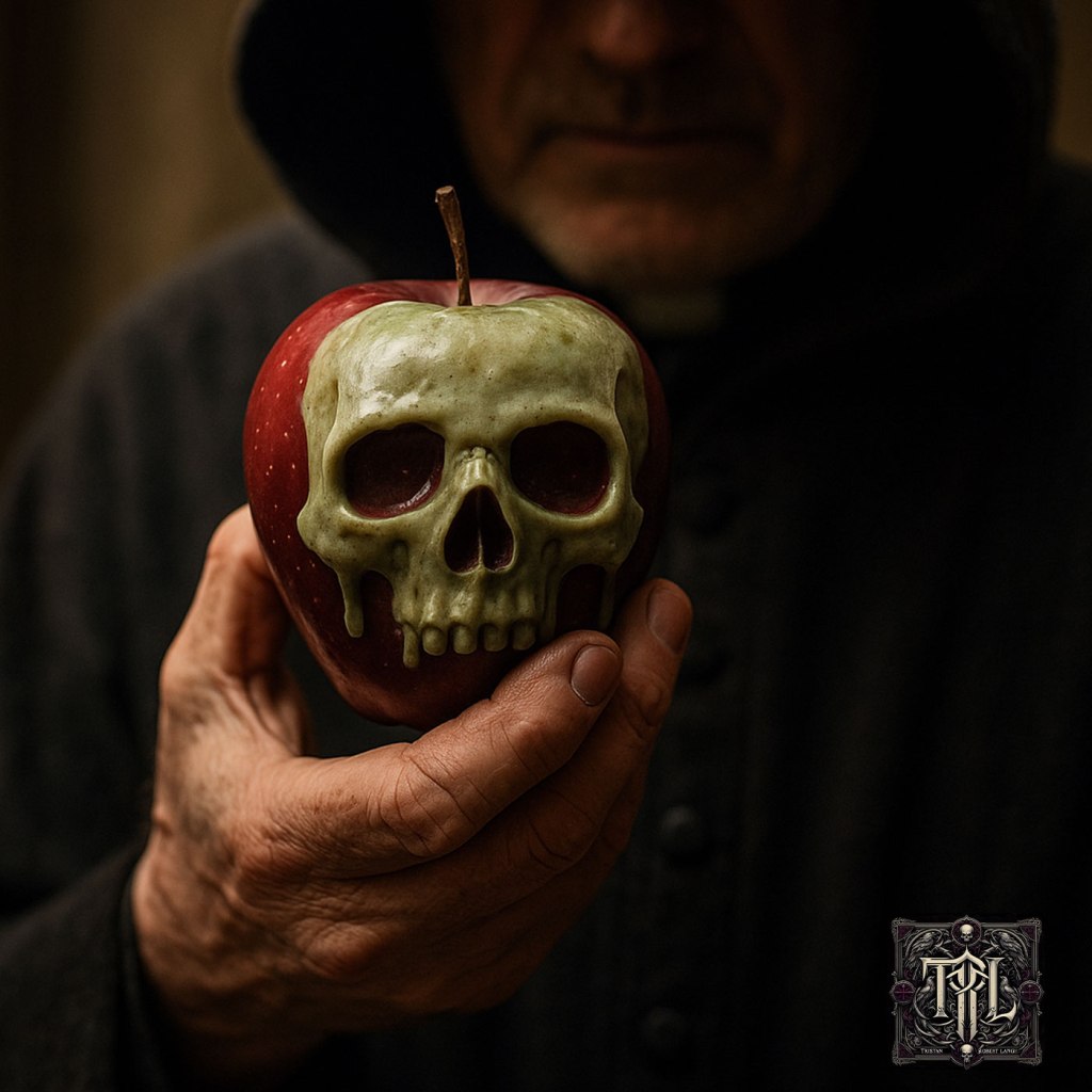 A hooded person holds a red apple with a skull-shaped decay pattern on its surface, evoking themes of heresy, temptation, and mortality.