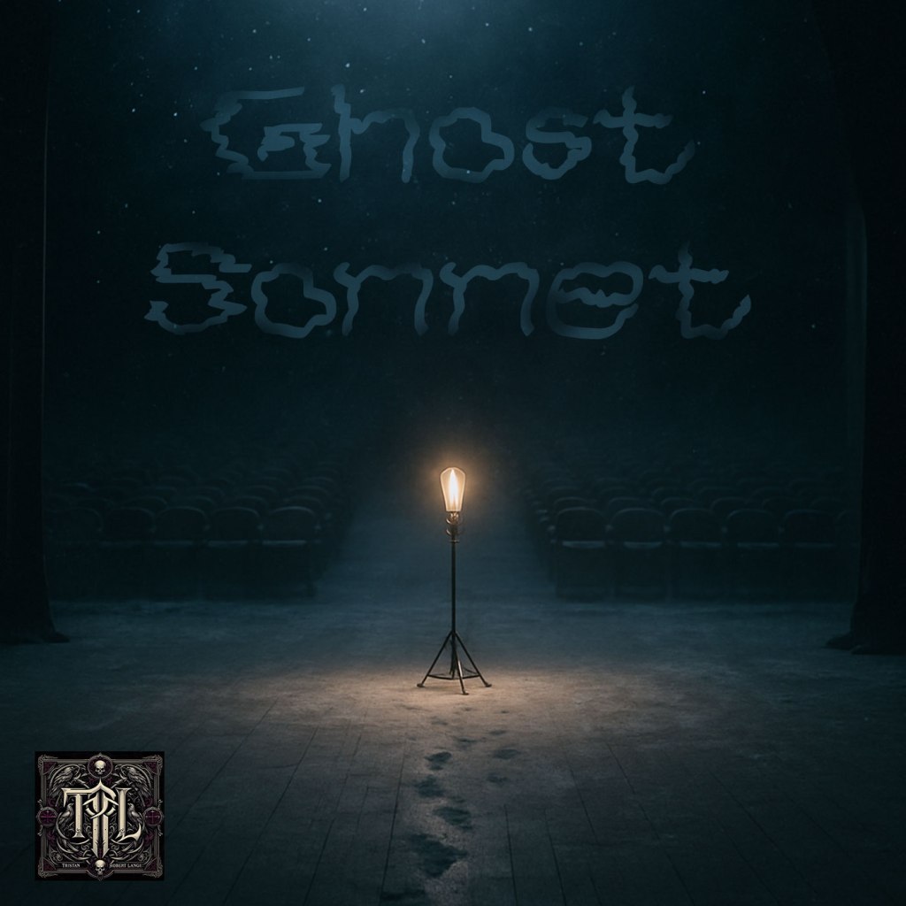 A dim, abandoned theater lit only by a single ghost light at center stage. Dust and faint snow swirl through the air as footprints lead toward the lamp. Empty seats fade into darkness, evoking the hush of a vanished performance.