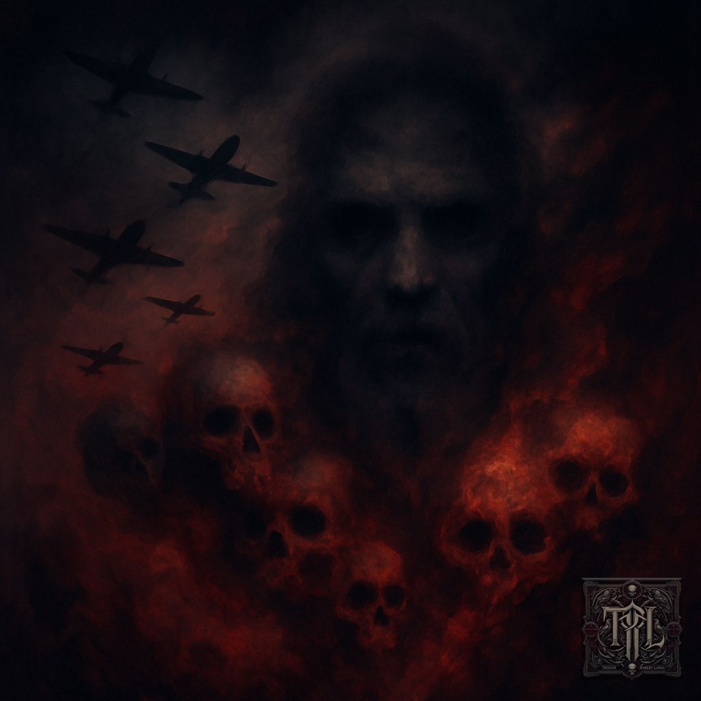 A Gothic horror painting shows a stormy red-and-black sky with warplanes dissolving into skull-shaped smoke. A ghostly shadowed face looms in the clouds like a demonic apparition. The scene feels nightmarish and political, evoking violence and dread.