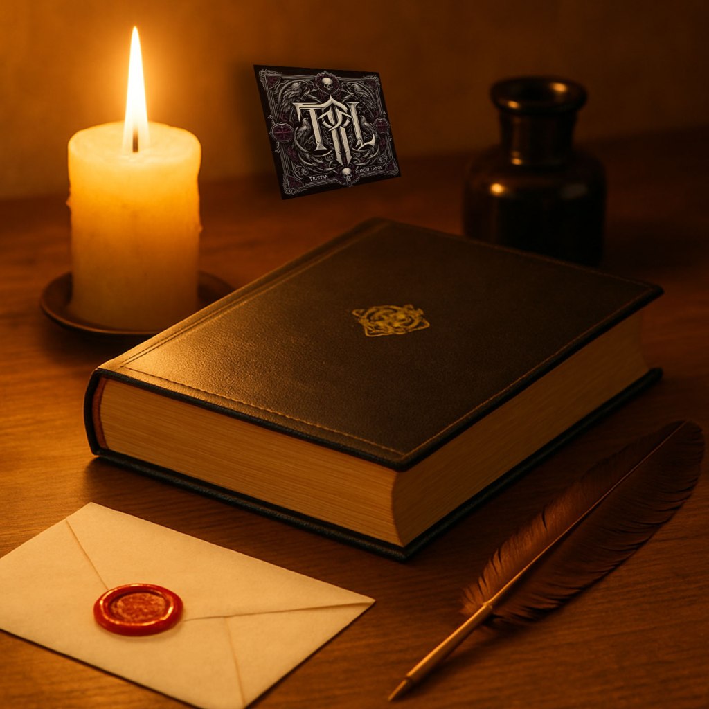 A warmly lit writer’s desk with a closed leather-bound book, a candle glowing beside it, a feather quill and sealed envelope nearby, and Tristan Robert Lange’s monogram emblem softly suspended above the scene, symbolizing publication and legacy.