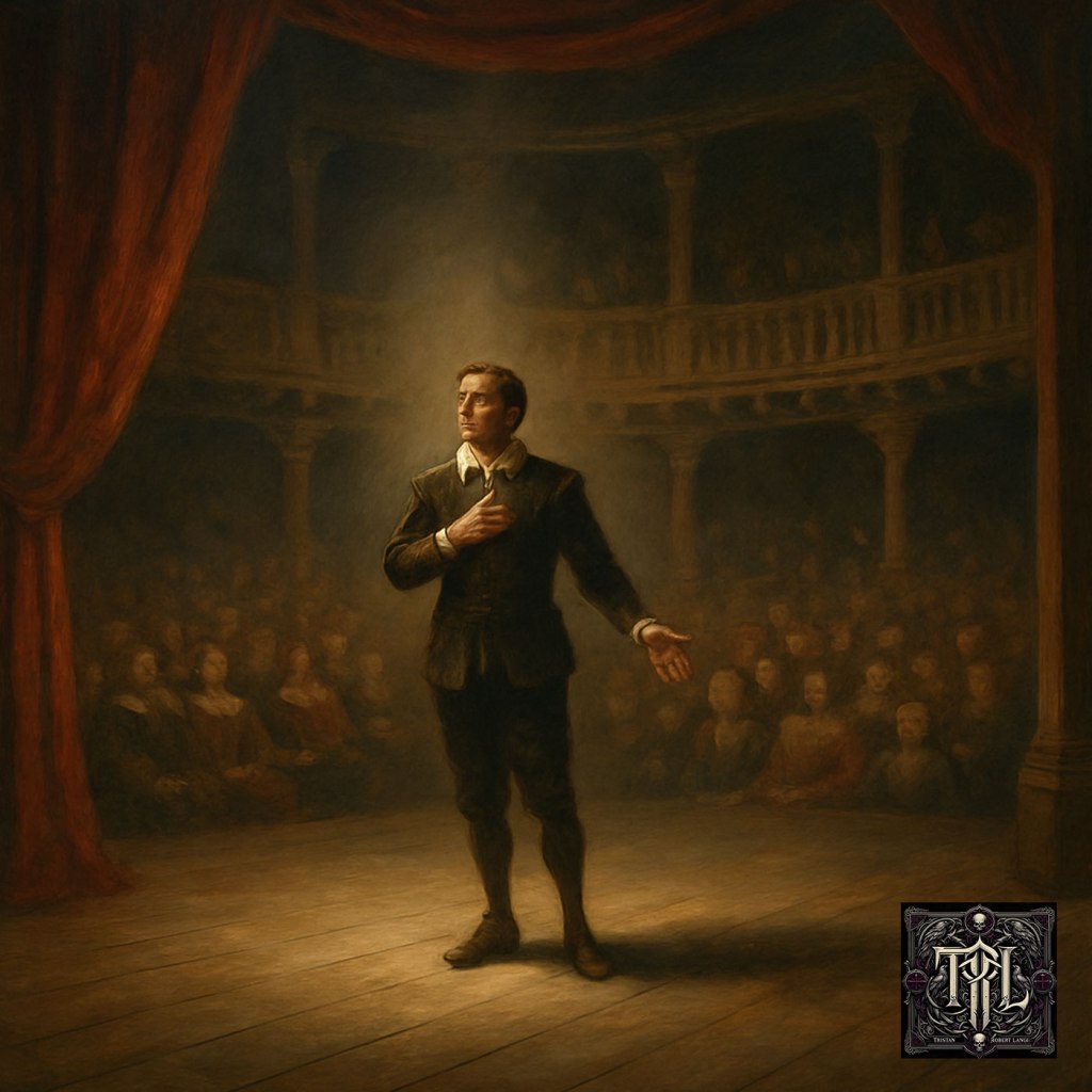A lone actor stands beneath a warm spotlight on a grand Elizabethan-style stage. Red curtains frame the scene, and shadowed balconies curve around an audience half lost in darkness. The performer faces slightly away, caught between presence and retreat, embodying both grandeur and decay.