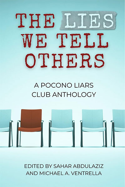 Cover of The Lies We Tell Others: A Pocono Liars Anthology, featuring an abstract, moody design in dark tones with intricate lettering by designer Kelly Jensen. https://kellyjensenwrites.com/