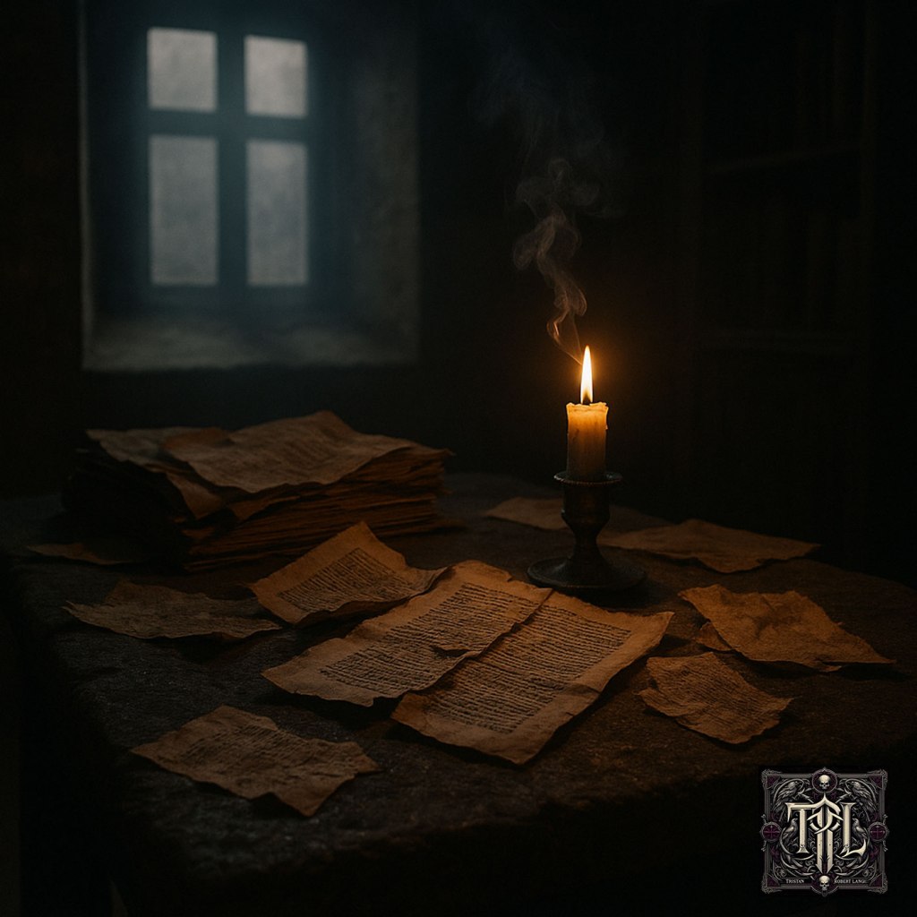 A dim monastery study lit by a single candle. Torn, aged pages cover a stone table, smoke curling upward in still air. A cross-shaped window filters faint daylight through dust and fog, casting a somber, reflective mood.