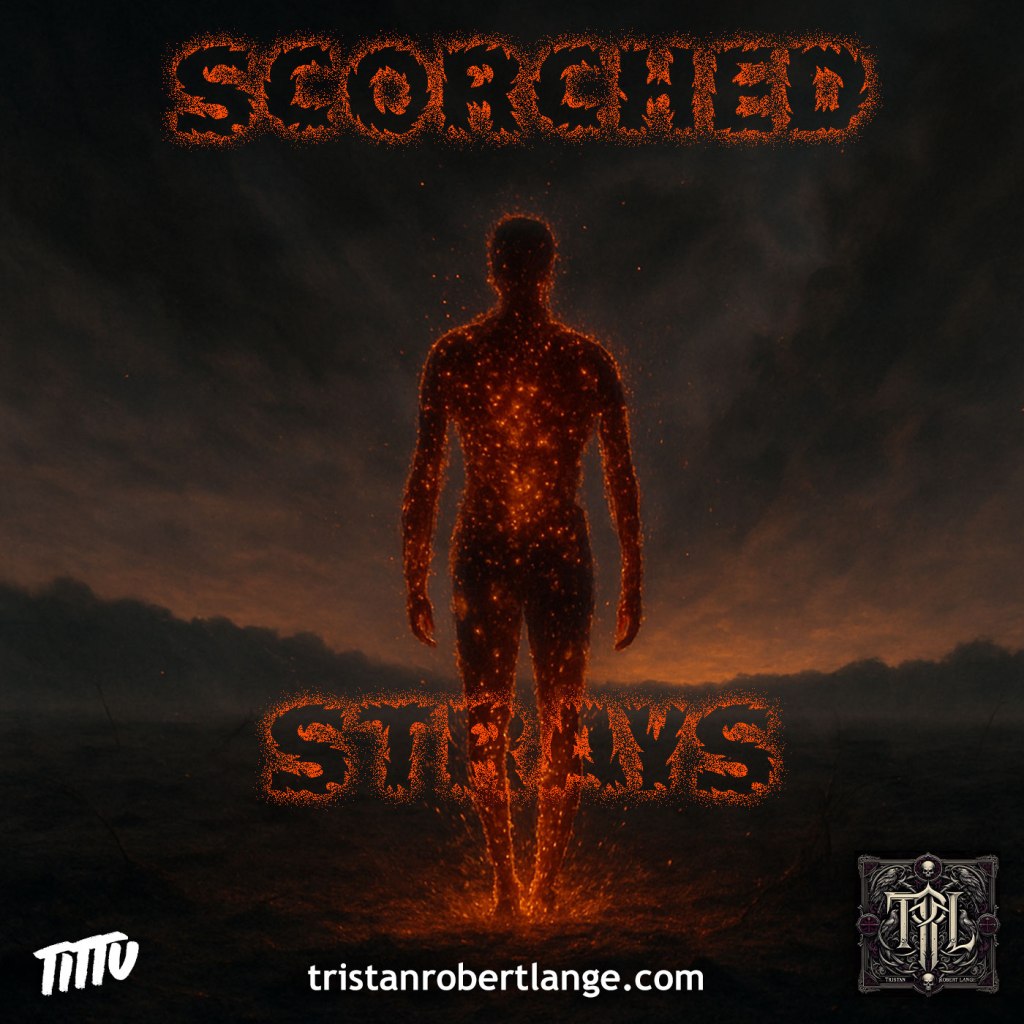 A human silhouette made of glowing embers stands upright in a dark, ash-covered field. The figure’s body flickers with orange sparks against a smoky sky. Above and below the figure, the words “Scorched Strays” appear in fiery, ember-textured lettering. TITTU and TRL logos sit in the lower corners.