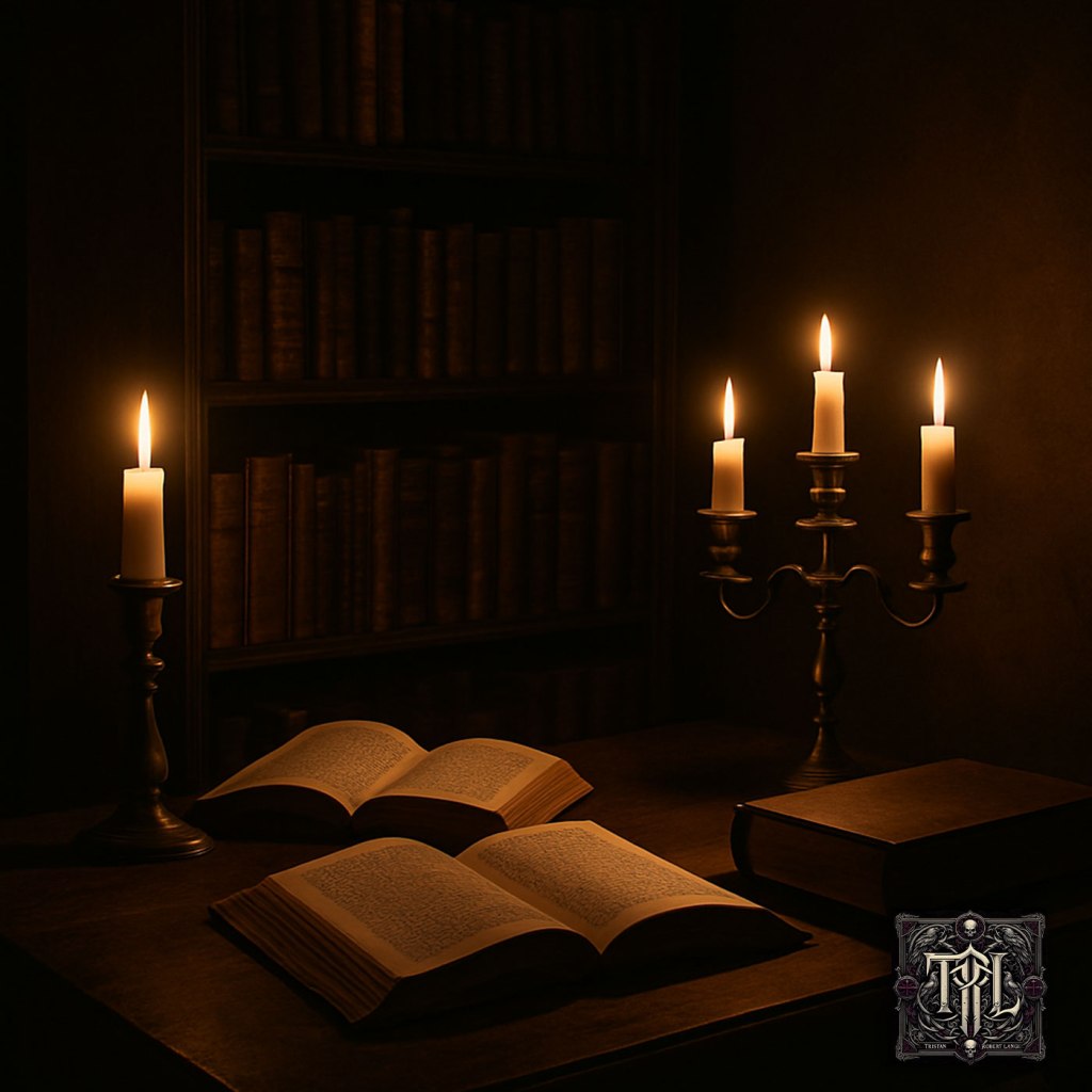A dimly lit gothic library scene shows an old wooden table with open books illuminated by the warm glow of candles. A tall bookshelf filled with worn leather-bound volumes fades into the shadows, creating a moody, reverent atmosphere of study and storytelling.