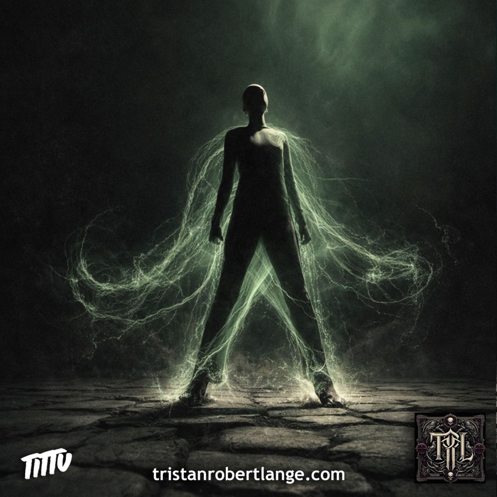 A dark, cinematic image of a silhouetted, gender-neutral figure standing firmly on cracked stone ground. Translucent green, gossamer-like energy flows from their shoulders and arms, spreading outward rather than lifting them into the air. The background is shadowy with faint green mist above, emphasizing grounded defiance rather than flight.