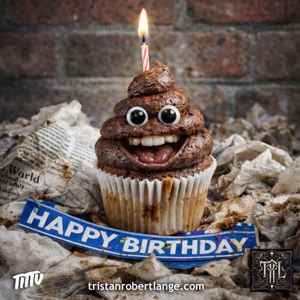 A cartoonish cupcake shaped like a pile of feces with googly eyes, teeth, and a lit birthday candle. The cupcake sits on crumpled trash and a torn “Happy Birthday” banner, creating a darkly humorous and intentionally grotesque scene.