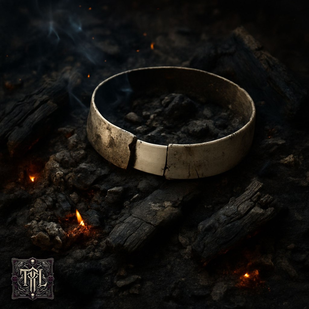A broken clergy collar sits half-buried in blackened ash and charred wood. Small orange embers glow around it, with thin smoke rising through the darkness. The scene looks burnt, bleak, and symbolic of ruined identity.