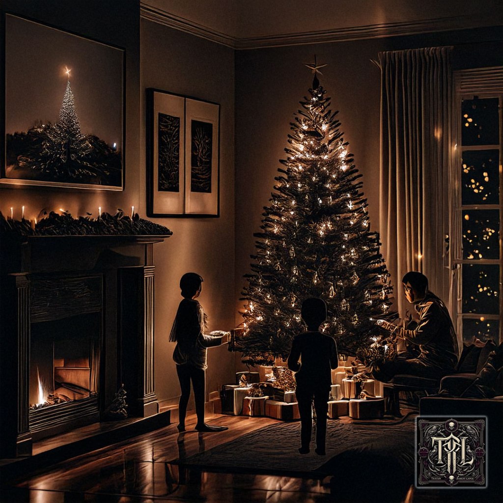 A warm but dim Christmas living room with a glowing tree and fireplace. A family opens presents together while a lone, semi-transparent figure stands apart in shadow, unseen by the others. The atmosphere is intimate, mournful, and emotionally distant.