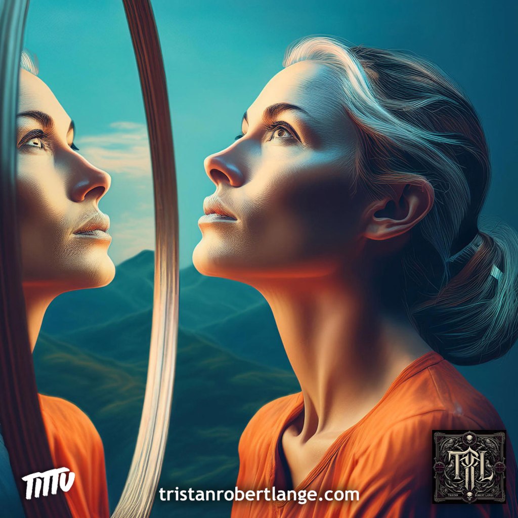 A woman gazes upward toward a soft light while standing beside a mirror that reflects her face. She wears an orange shirt, and distant mountains appear blurred behind her. The reflective pose and serene expression evoke themes of introspection and self-examination. Logos for TITTU and TristanRobertLange.com appear at the bottom.