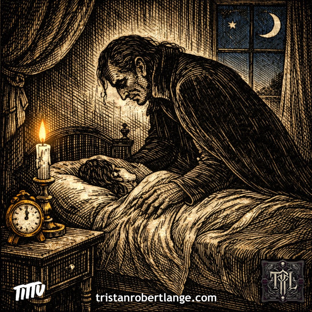A Victorian-style illustration of a sorrowful vampire bending over a sleeping person in bed. A candle burns on a bedside table next to a clock near midnight. Moonlight and a star are visible through a window. The scene suggests Watch Night as a liminal moment of guilt, desire, and impending violence.