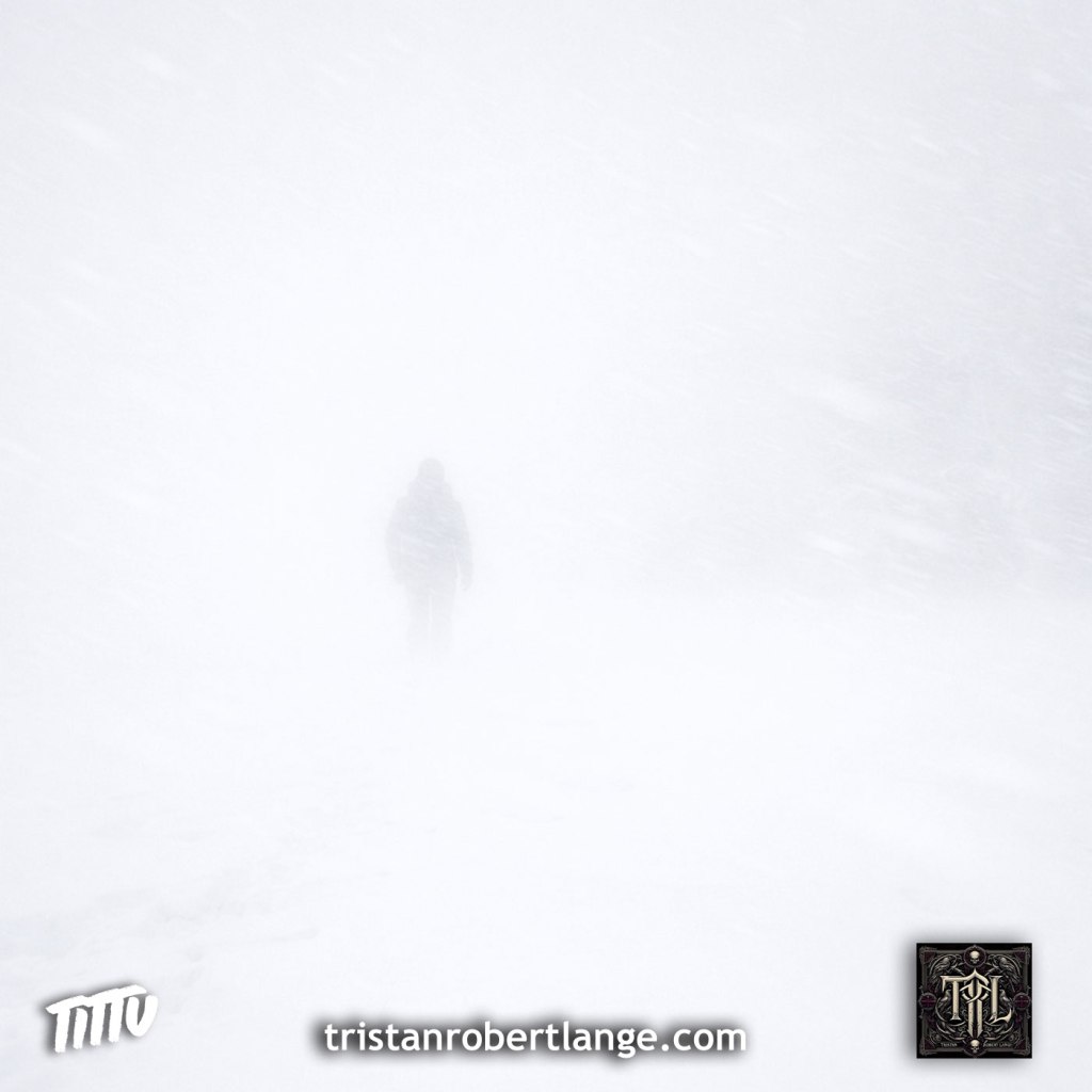 A blinding winter whiteout with swirling snow and no visible horizon. The landscape is flattened into harsh white glare. A faint human silhouette stands nearly erased by the storm, emphasizing isolation, disorientation, and an unwelcoming environment.