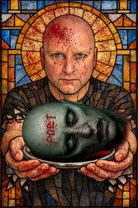 A stained-glass–style portrait of a solemn, haloed figure holding a silver platter bearing a severed head marked with red script. Blood spatters the face, hands, and glass, evoking religious ritual, enforced silence, and sacrificial obedience.