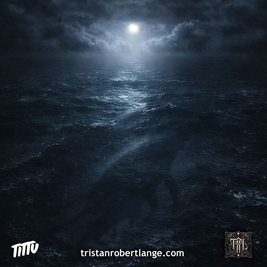 A dark, moonlit ocean stretches beneath heavy storm clouds, illuminated by a bright opening in the sky. Over the image is the poem text: “Leviathan!—let loose the beast of the sea—Ignorantia damnata! For they know better.” The image evokes power, truth, and accountability amid vast darkness.