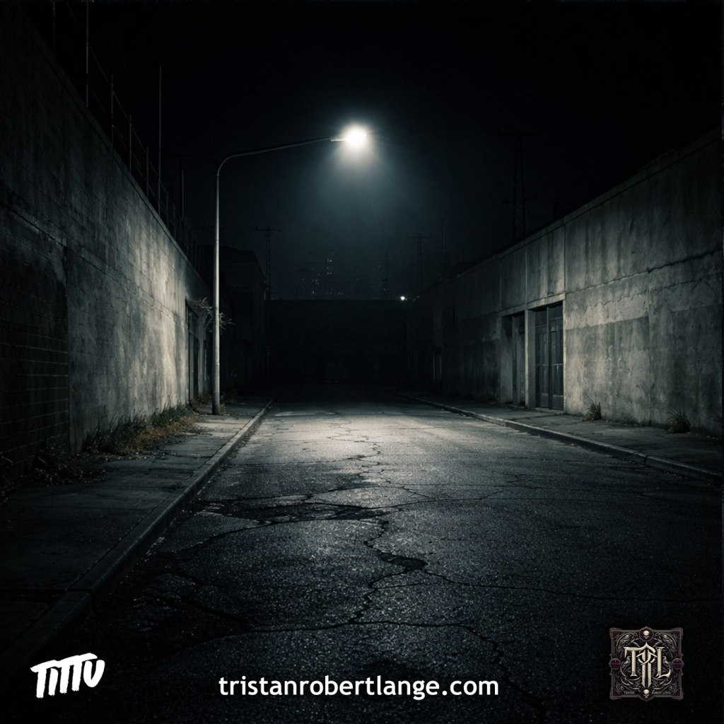 A dark, empty urban street at night under a single harsh streetlight. Cracked pavement and concrete walls are sharply illuminated while the road recedes into darkness. Branding includes Tristan Robert Lange and tristanrobertlange.com.