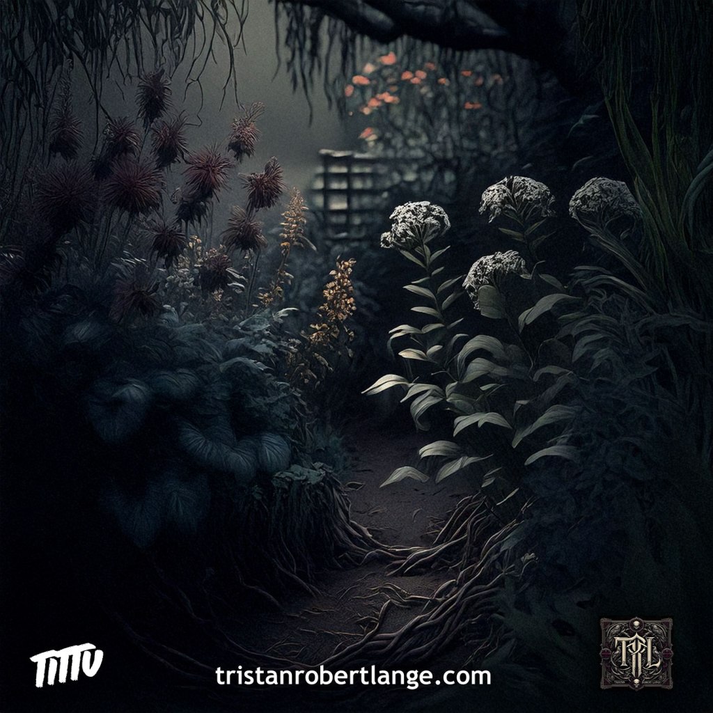 A shadowy garden scene with tangled roots, pale flowers, and a narrow path through dark soil. Overlaid text reads: “Never does nature weep for that which fertilizes,” along with the poem title Garden of Surprises and the author’s name.