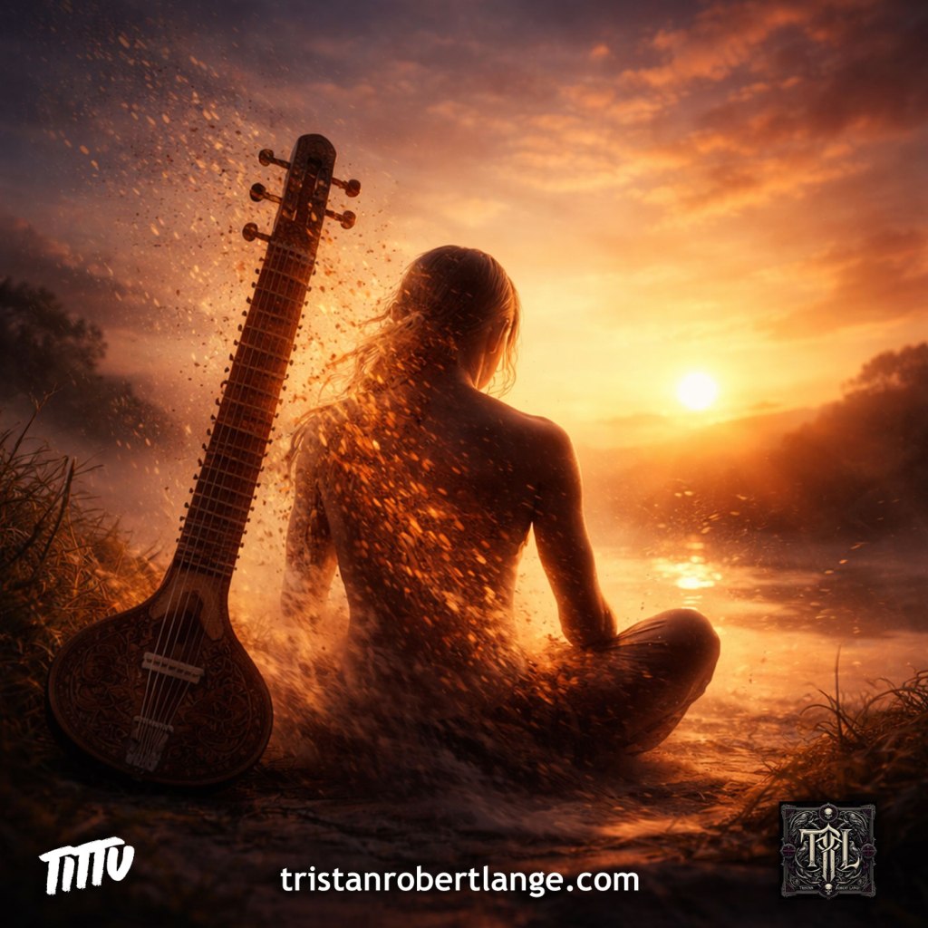 A glowing sunset scene shows a seated, nude, androgynous figure meditating beside a river, back turned, with a sitar resting upright nearby. Golden embers drift through the air. Overlaid text reads: “Notes and time twang into one—no reality but Brahman.” Logos and tristanrobertlange.com appear at the bottom.