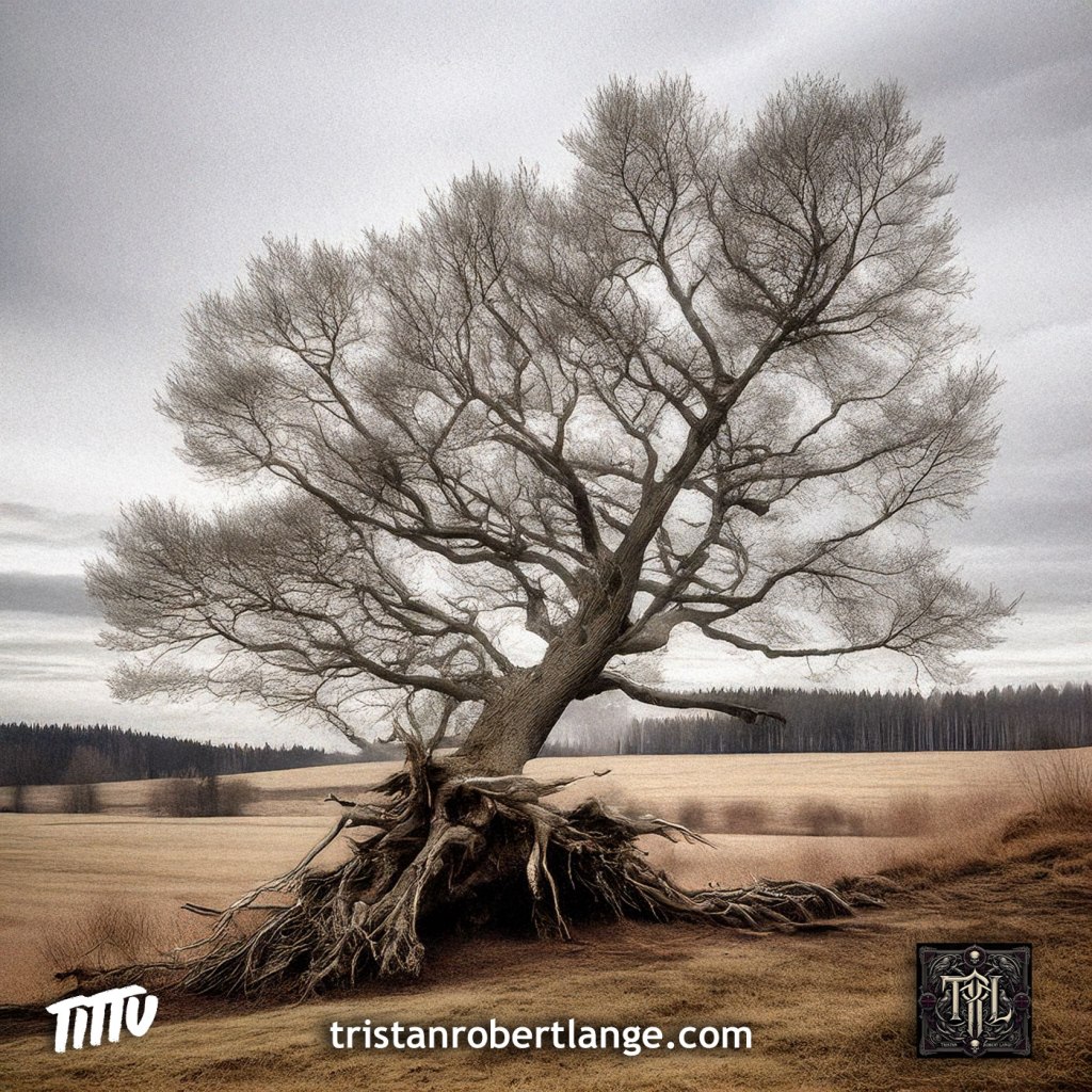 An uprooted tree rests in an open field beneath a gray, overcast sky. The roots are exposed but undamaged, spreading outward on calm ground. The scene is quiet and still, with muted earth tones and distant trees on the horizon, emphasizing peaceful non-belonging rather than loss.