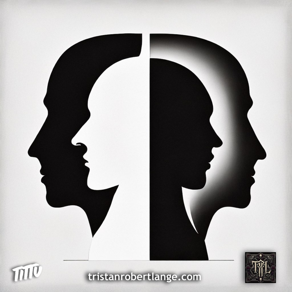 Black-and-white minimalist image of two human silhouettes in profile. One face looks inward while the other faces away, separated by a central divide. 