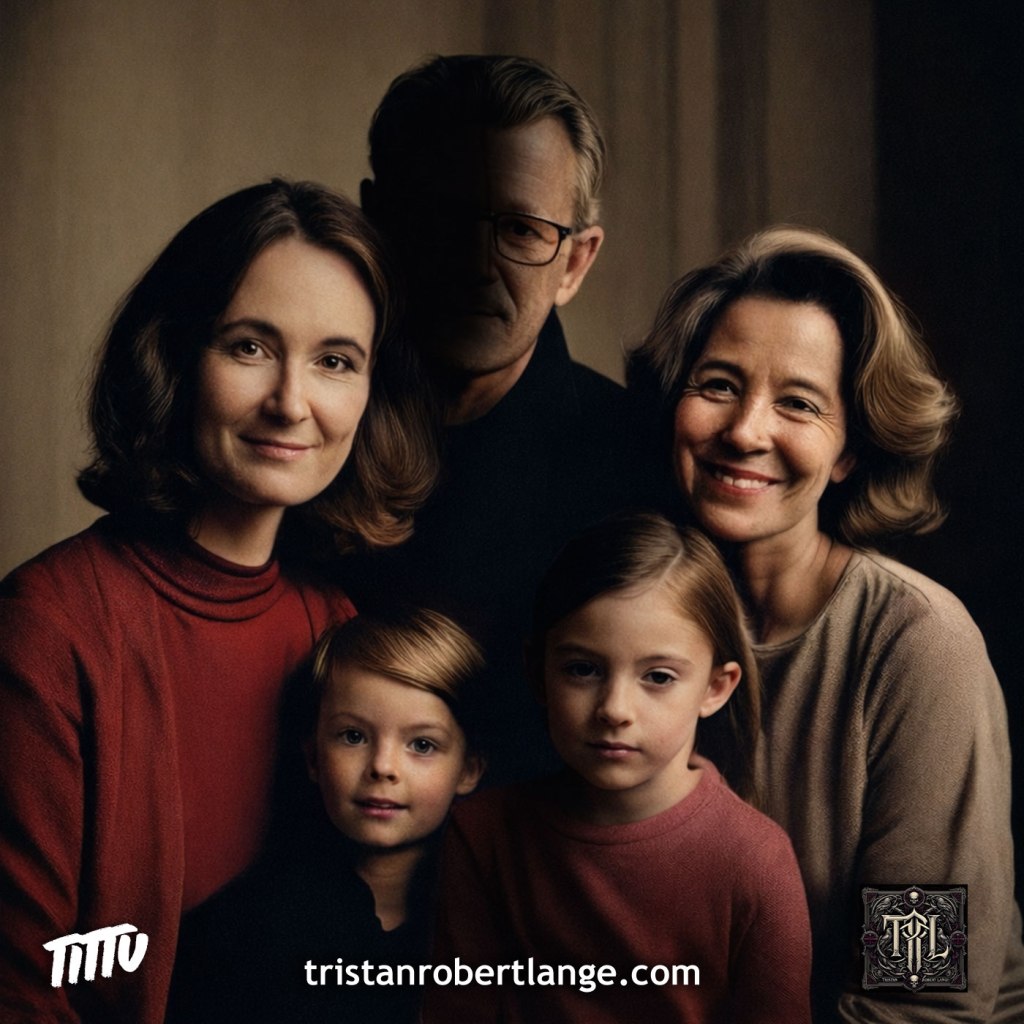 A moody, painterly family portrait of five people arranged closely together. Two women and one man stand behind two children. The man in the center has half his face swallowed by shadow, creating a stark division between light and darkness. The others are softly lit and facing forward. The image conveys tension, intimacy, and unspoken unease through lighting and composition.