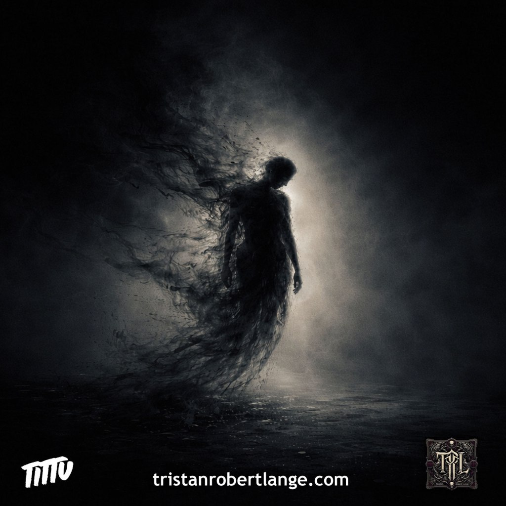 A lone human silhouette stands in darkness as its body dissolves backward into drifting, smoke-like fragments. A dim, pale light behind the figure highlights the sense of reversal and unmaking, visually echoing themes of trauma, dissociation, and the desire to undo existence.