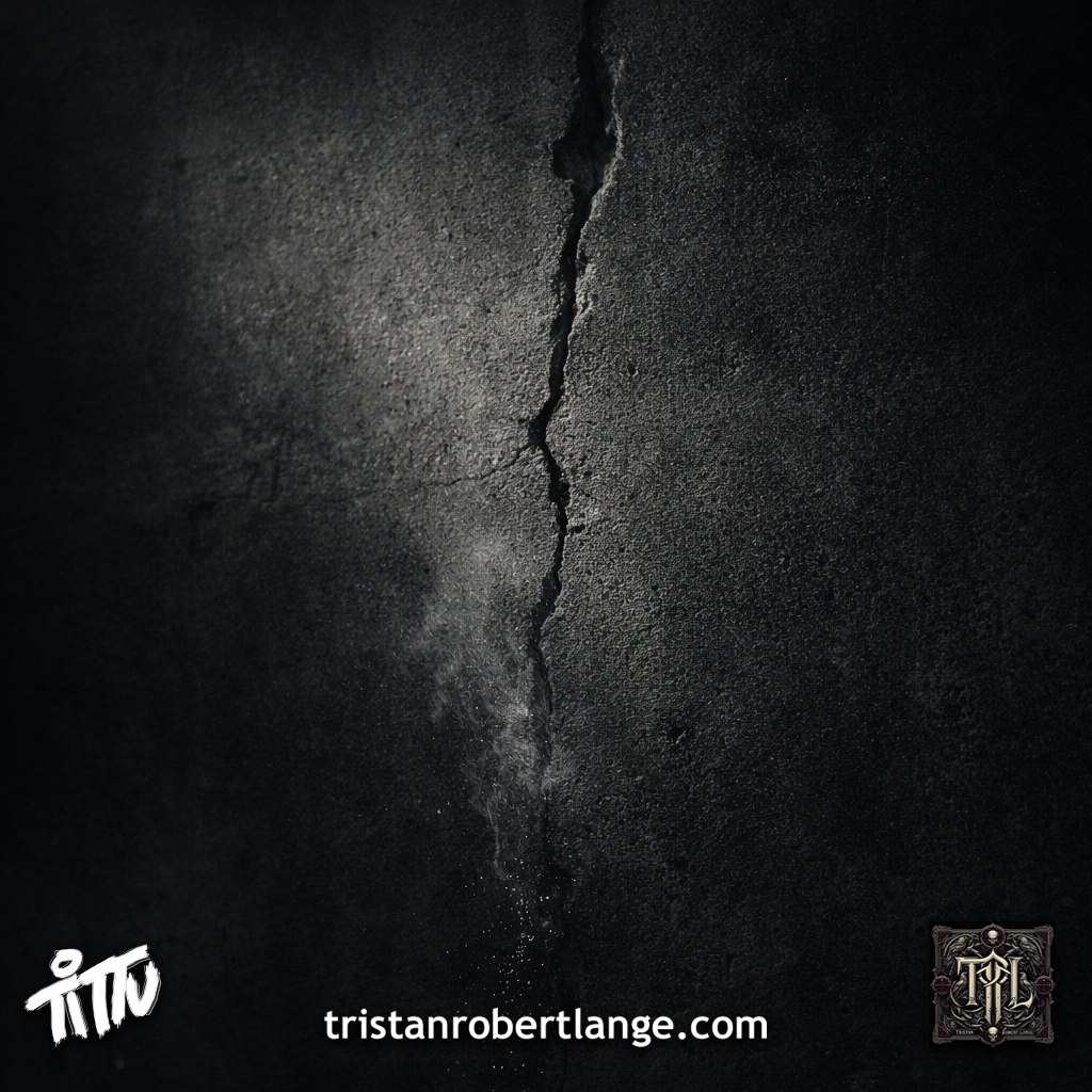 A dark concrete wall split by a vertical crack. Fine white dust drifts from the fracture under harsh lighting, creating deep shadows and a stark, industrial atmosphere.