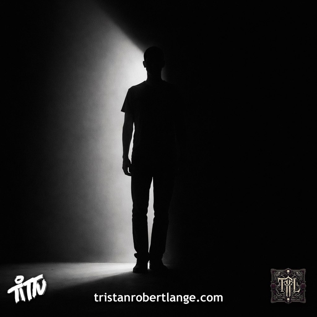 Black-and-white image of a solitary human silhouette standing upright in a narrow shaft of light, surrounded by deep shadow, evoking dignity, resistance, and quiet defiance.