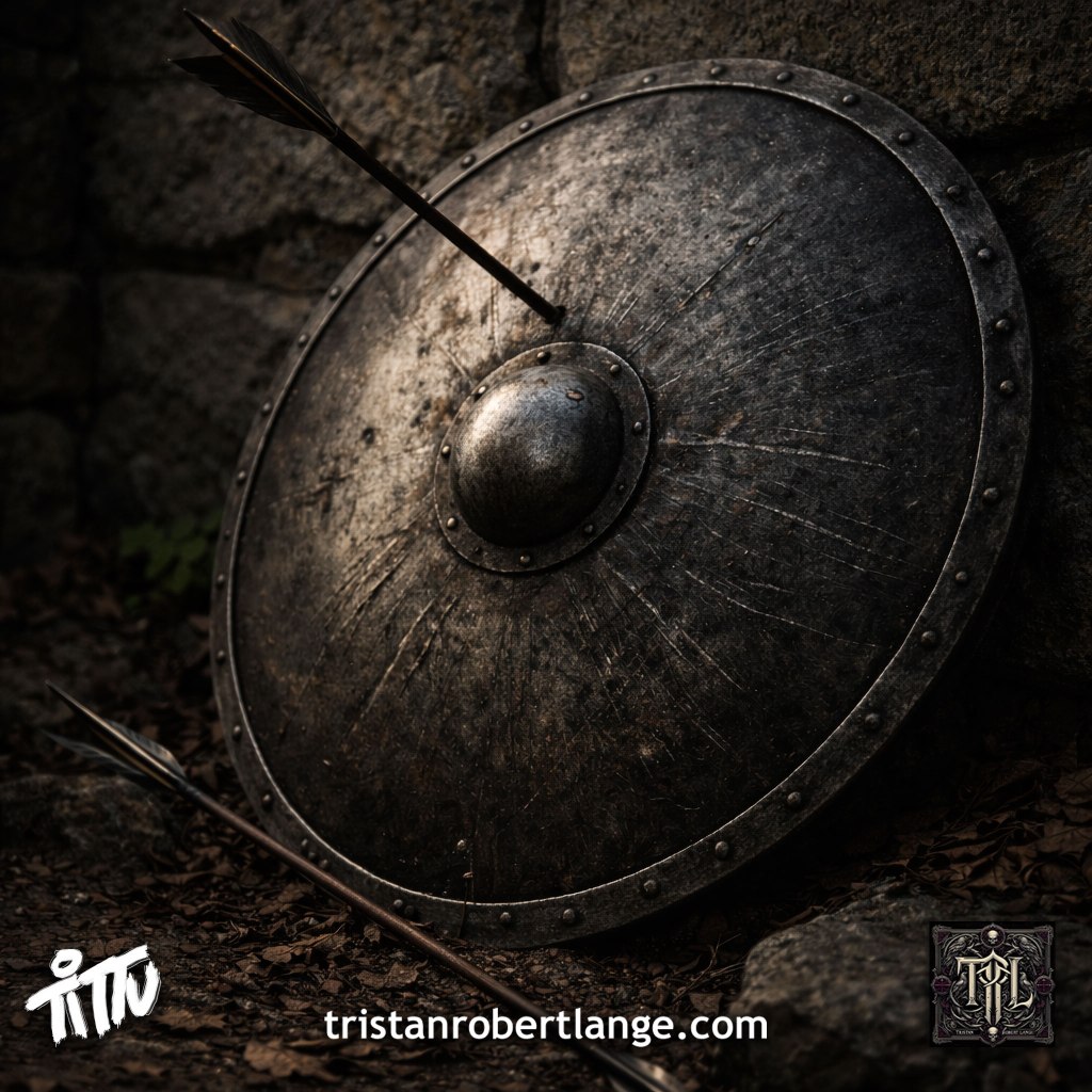 A battered medieval shield rests against a stone wall with an arrow embedded near its center and another broken on the ground. The shield shows deep scratches and wear, symbolizing resilience and endurance under attack.