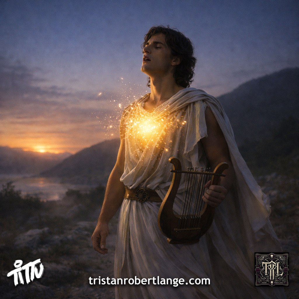 A photorealistic image of a young man in ancient Greek robes holding a lyre at twilight, golden light glowing from his chest against a mountainous sunset landscape. Tittu logo and tristanrobertlange.com appear at the bottom.