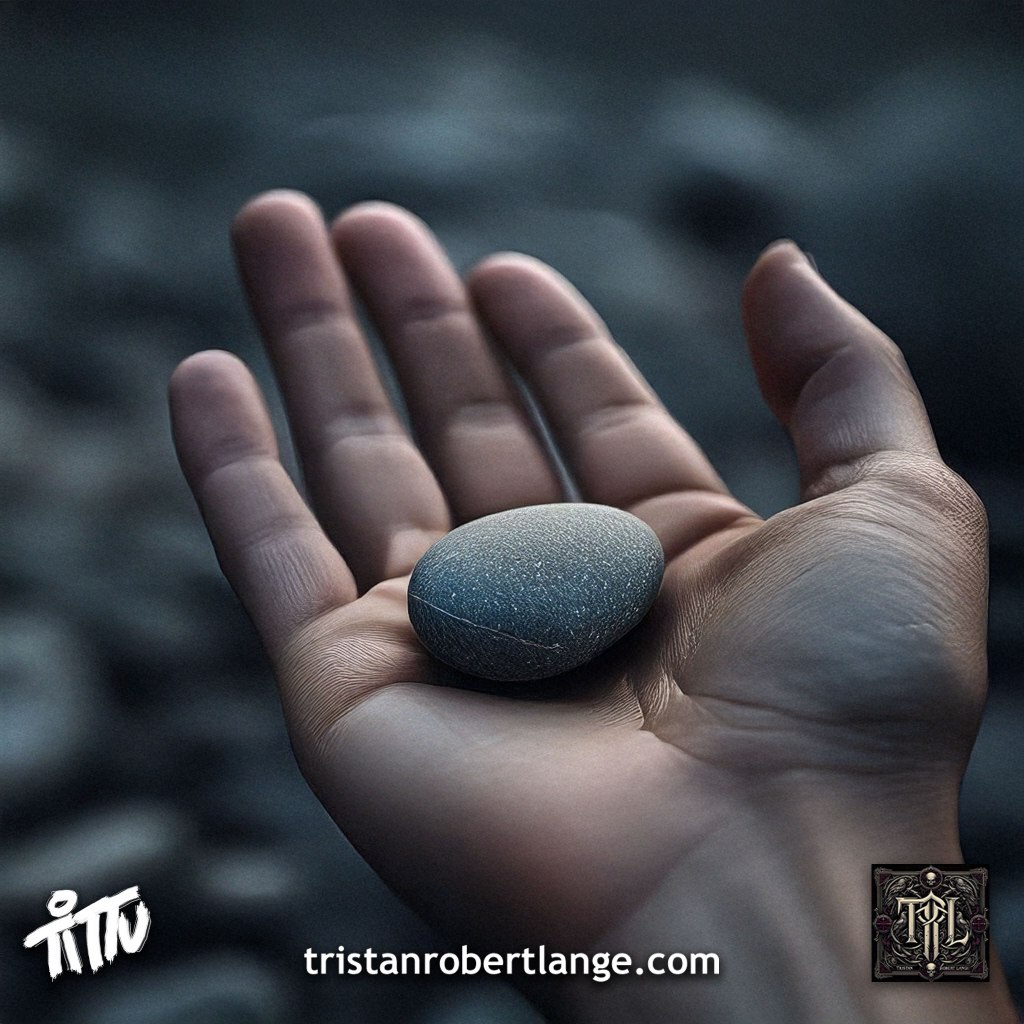 A close-up of an open hand holding a smooth gray stone. The background is softly blurred and dark, suggesting a rocky shoreline or riverbed. The lighting is muted and contemplative, emphasizing the stone as a symbol of weight, choice, and consequence.