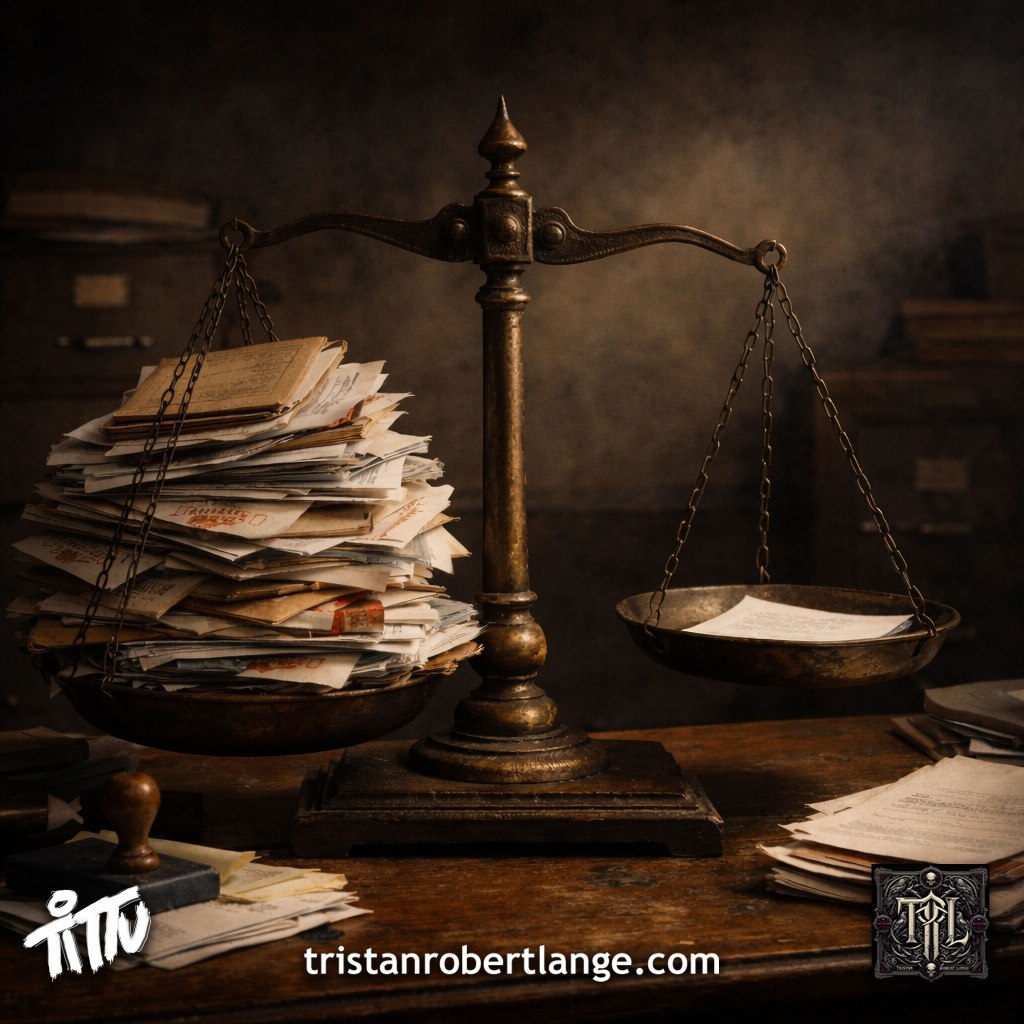 A dimly lit vintage balance scale rests on a wooden desk. One pan is heavily weighed down by stacks of old papers and documents, while the opposite pan is nearly empty. The scene evokes institutional judgment, imbalance, and moral weight.