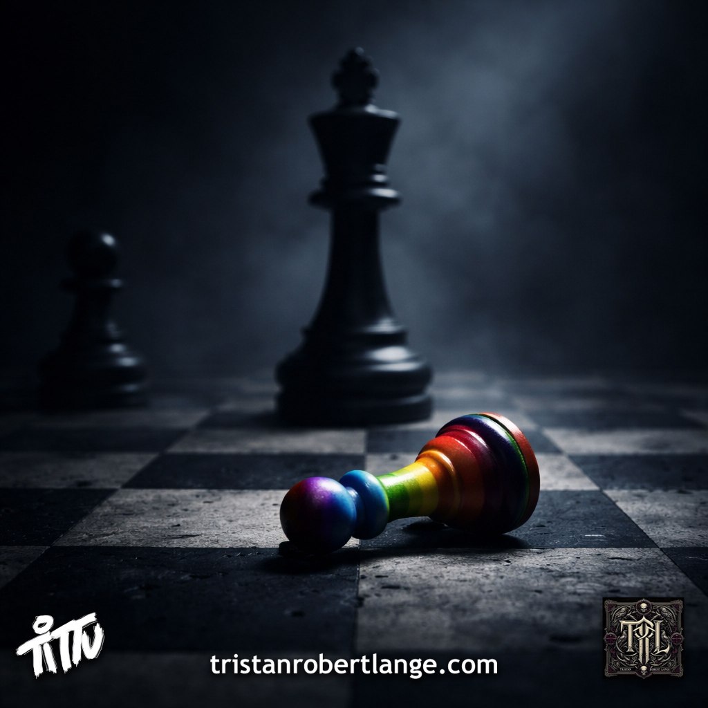 A dark chessboard under cool lighting with a rainbow-colored pawn knocked over in the foreground. A large black king stands behind it in shadow, creating a solemn and symbolic scene.