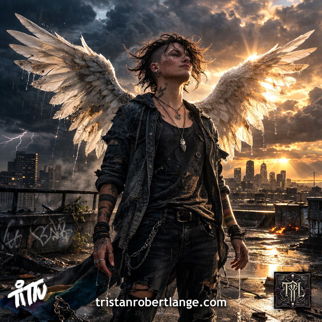 Photorealistic image of a non-binary person standing on a rain-soaked rooftop after a storm, city skyline behind them. Large detailed wings spread wide as sunlight breaks through dark clouds. No text overlay. Weathered clothing, contemporary setting, resilient expression.