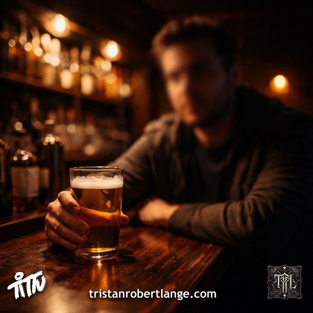 A dimly lit bar scene with a blurred man in the background holding a glass of beer. The focus is on the pint glass in the foreground, sharply detailed with foam at the top. Warm amber lighting fills the scene, creating a moody, introspective atmosphere.