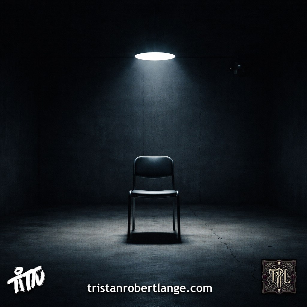 A dark, minimalist concrete room lit by a single overhead light illuminating a lone metal chair centered beneath it. The surrounding space fades into shadow, creating a tense, controlled atmosphere suggestive of interrogation or surveillance.