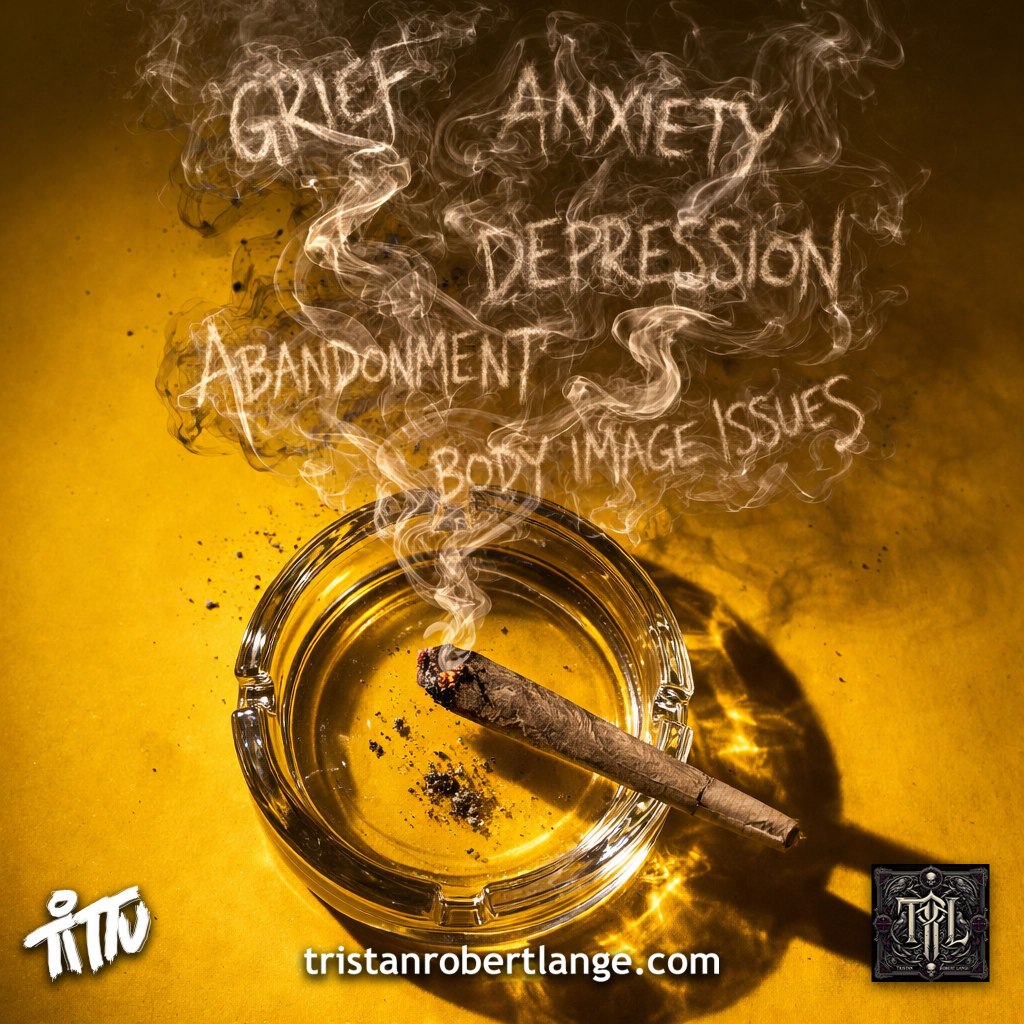 A minimalist yellow background displays a circular poem arranged in the shape of an ashtray. Inside the ashtray shape are words like anxiety, grief, depression, abandonment, and body image issues, suggesting the emotional struggles behind habits people judge. The poem questions how easily a life is reduced to outward behaviors.