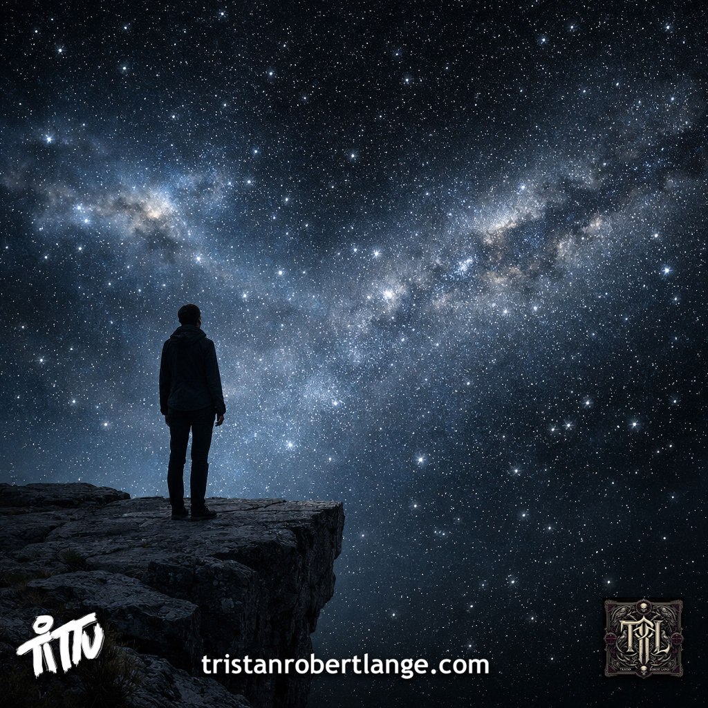 A solitary figure stands on a rocky cliff at night, facing a vast star-filled cosmos stretching infinitely beyond the edge, evoking the boundary between the known and the unknown.