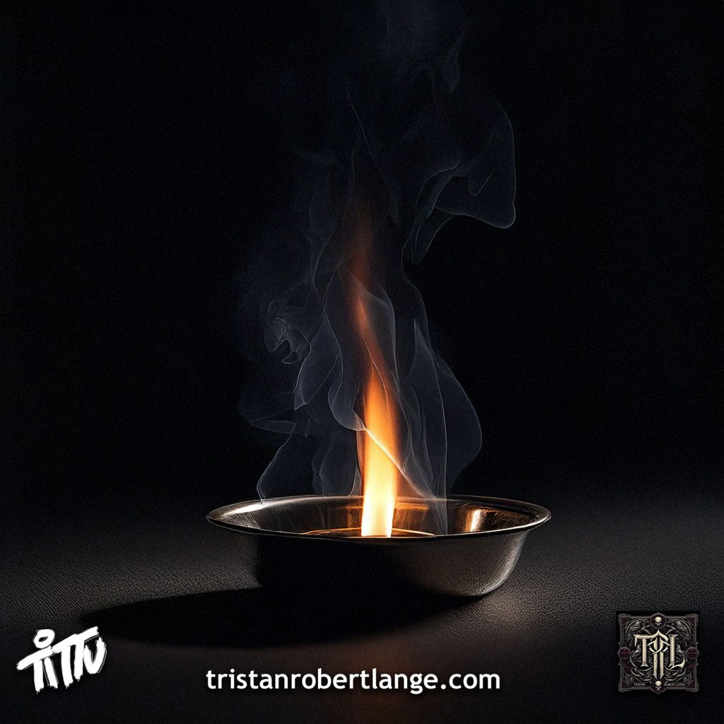 A dark, cinematic image of a small controlled flame burning inside a shallow metal bowl, with thin smoke rising upward against a black background. The scene is minimal and quiet, emphasizing containment and restraint.