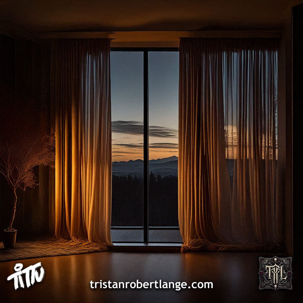 A dim interior room at dusk with a large picture window overlooking distant mountains and a fading sunset. Warm light glows through sheer curtains while the room remains shadowed and contemplative. Branding for Tristan Robert Lange and tristanrobertlange.com appears at the bottom.