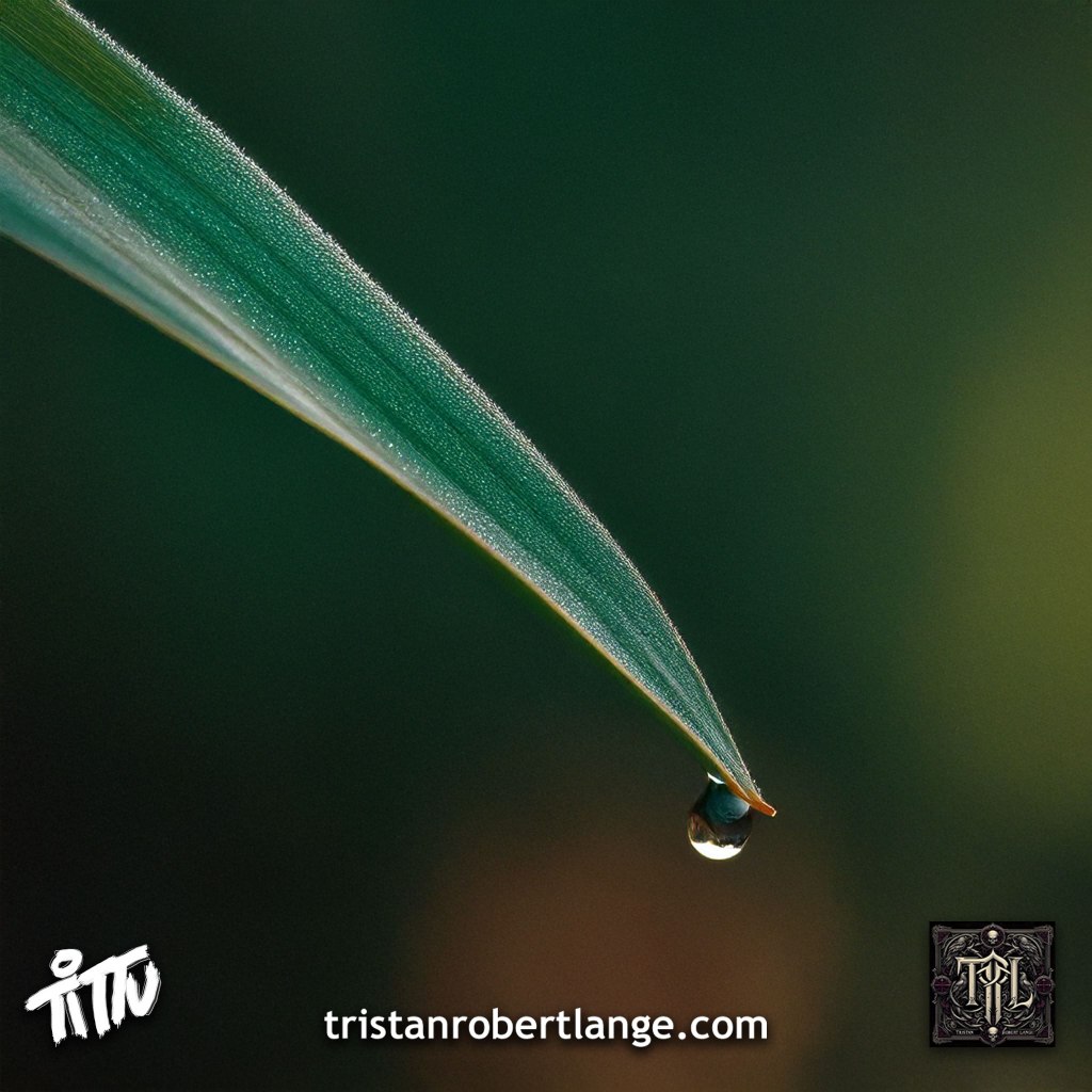 Close-up macro image of a green leaf tapering downward with a single dew drop suspended from its tip against a softly blurred green and amber background. The image conveys stillness, tension, and quiet natural beauty.